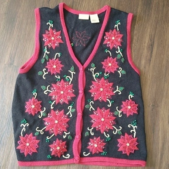 Bobbie Brooks vintage poinsettia sweater vest sz L - Picture 1 of 5